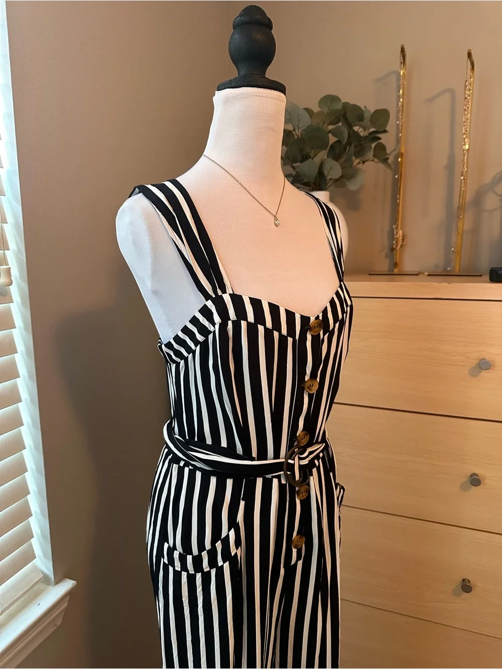 Free People Black and White Striped Sleeveless Jumpsuit with Waist Tie